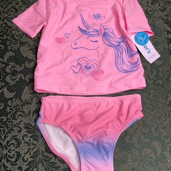 NWT 3t carters 2 pc unicorn ombre swim suit bathing rash guard bikini vacation